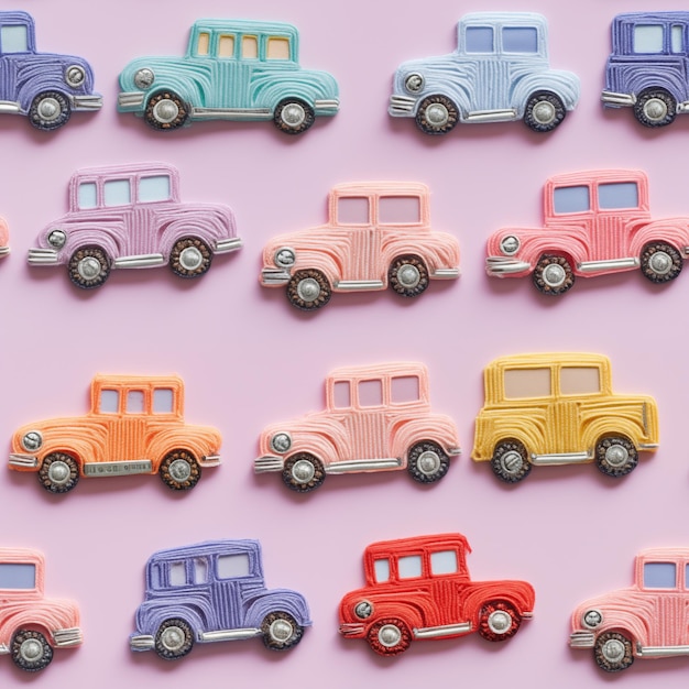 um close de um monte de carros coloridos em uma superfície rosa gerativa de IA