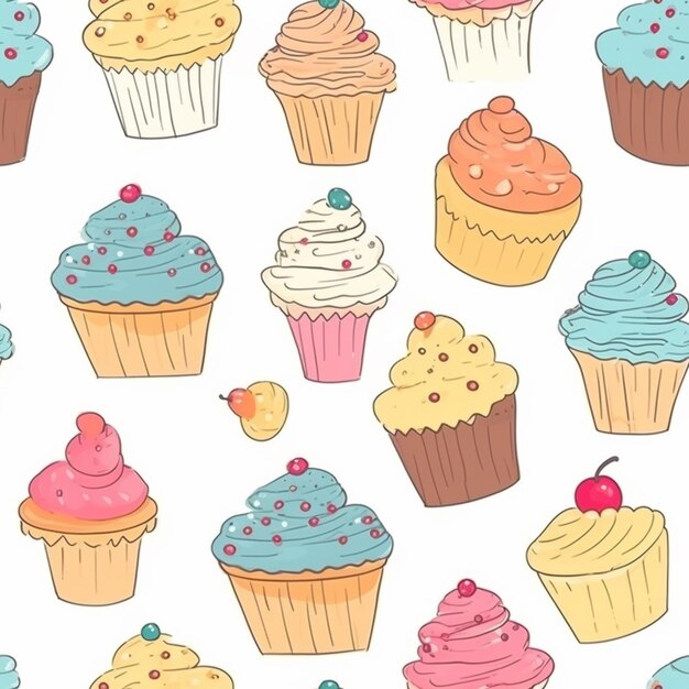 um close de um monte de cupcakes com diferentes coberturas generativas de IA