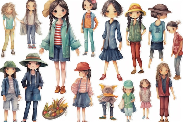 um close de um monte de garotas de desenho animado com chapéus. IA generativa.