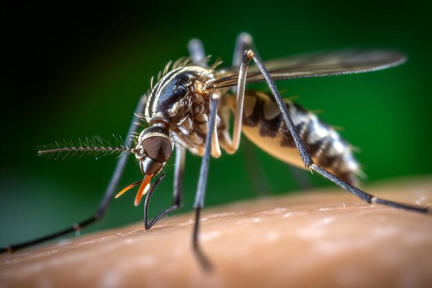 Um close de um mosquito na pele de uma pessoa com fundo verde desfocado AI gerativa