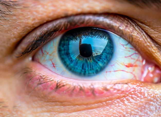 Um close de um olho azul com uma mancha vermelha no lado esquerdo.