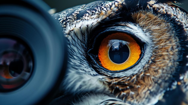 Foto um close de um olho de coruja a coruja está olhando diretamente para a câmera seu olho é de cor laranja escuro e é cercado por penas escuras