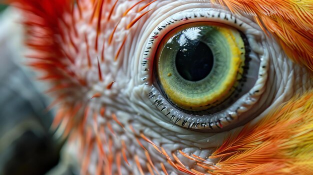 Um close de um olho de papagaio O olho é de cor amarelo brilhante com uma pupila preta As penas ao redor do olho são de cor laranja brilhante