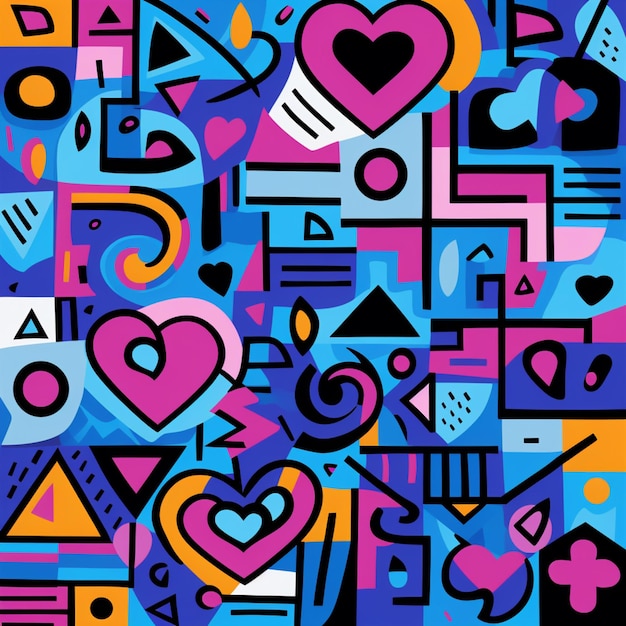 um close de um padrão colorido com corações e outros símbolos ai generativos