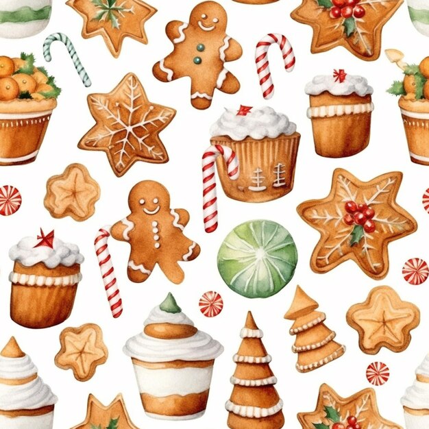 um close de um padrão de biscoitos e cupcakes de natal gerativos de IA