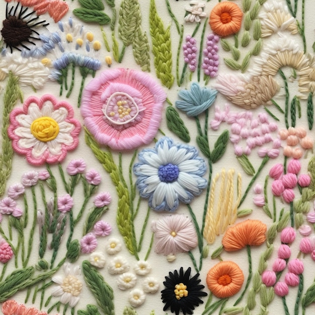 um close de um padrão de flor bordado colorido em uma superfície branca generativa ai