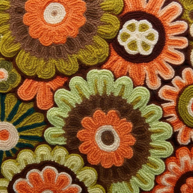 um close de um padrão de flor de crochê em uma mesa generativ ai