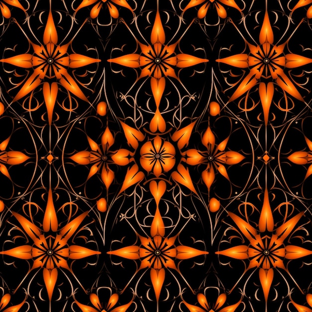 um close de um padrão de flores laranja em um fundo preto ai generativo