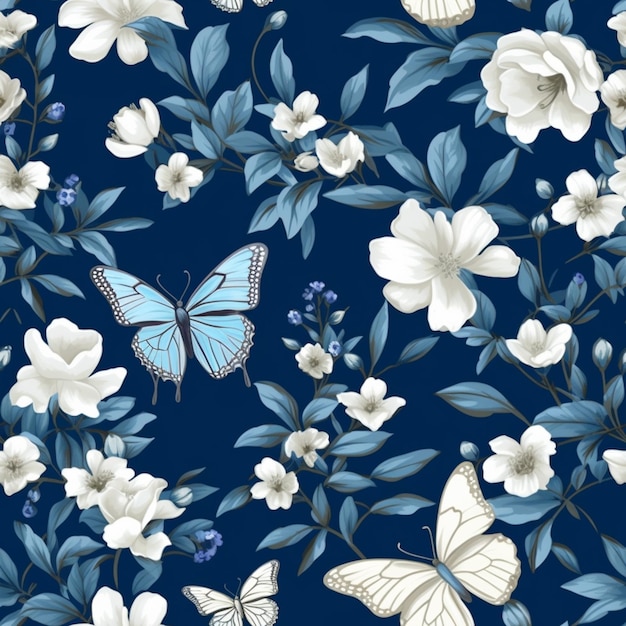 um close de um padrão floral azul e branco com borboletas generativas ai