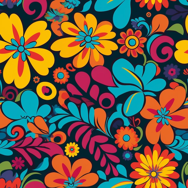 um close de um padrão floral colorido em um fundo preto ai generativo