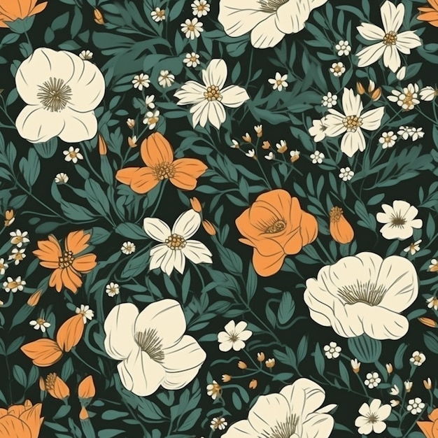 um close de um padrão floral com flores laranja e brancas generativas ai