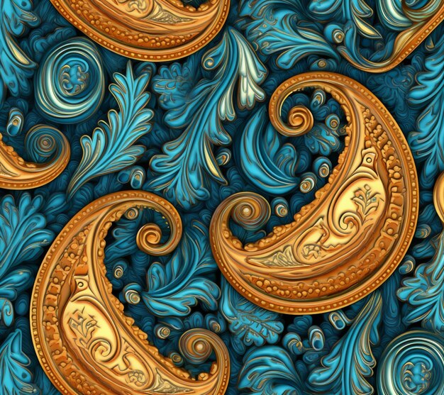 Foto um close de um padrão paisley com ia generativa em azul e dourado