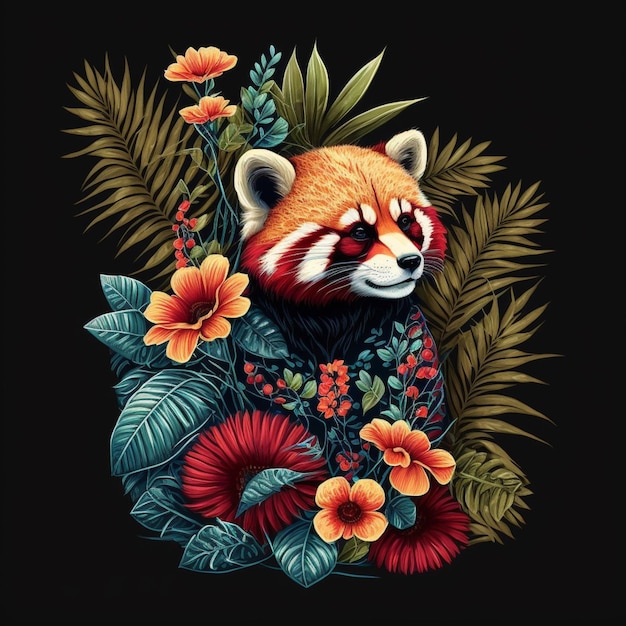 um close de um panda vermelho cercado por flores e folhas ai generativa