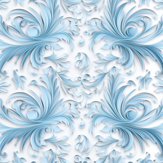 um close de um papel de parede azul e branco com desenhos ondulados. IA generativa.