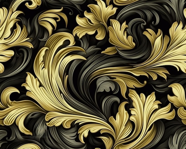 um close de um papel de parede preto e dourado com folhas douradas ai generativa