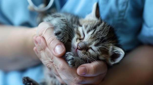 Um close de um par de mãos aconchegando um gatinho recém-nascido seus olhos fechados em conforto e felicidade como um