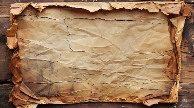 Um close de um pedaço de papel velho rasgado com um fundo de madeira O papel é amarelado e tem uma textura áspera