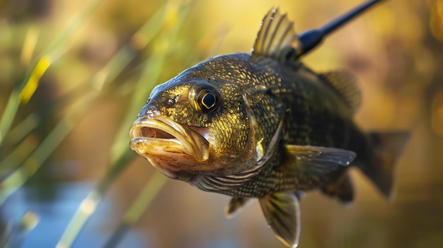 Foto um close de um peixe de boca grande o peixe é verde e amarelo com uma faixa preta ao longo de seu lado tem uma boca grande e dentes afiados