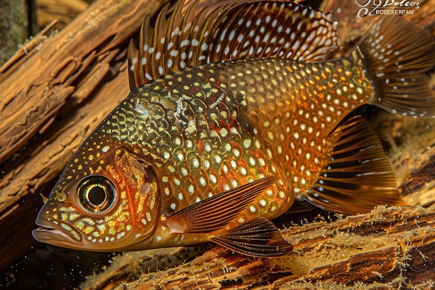 Um close de um peixe-dourado com padrões intrincados e características delicadas