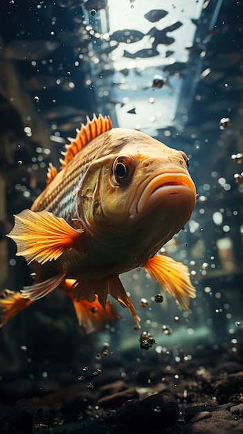 Um close de um peixe nadando em uma rua submersa com um carro debaixo d’água ao fundo Criado com IA Generativa