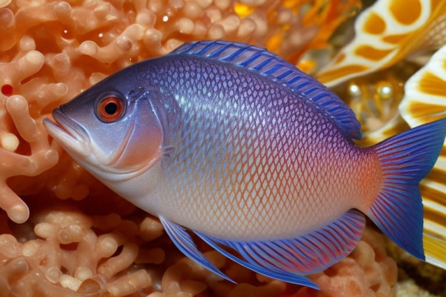 Um close de um peixe suas escamas refletindo a luz em uma deslumbrante variedade de cores