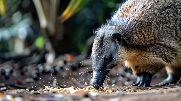 Foto um close de um pequeno formigueiro comendo do chão o formigueiro tem um focinho longo e uma cauda espessa