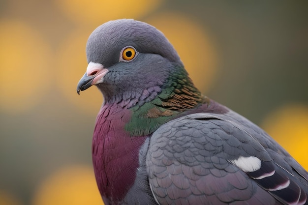 Foto um close de um pombo contra o fundo de bokeh