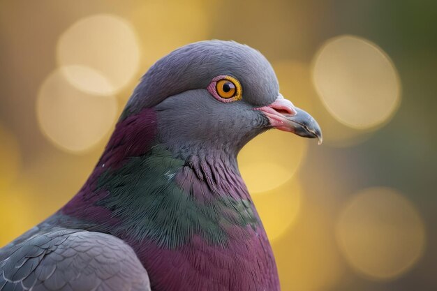 Foto um close de um pombo contra o fundo de bokeh