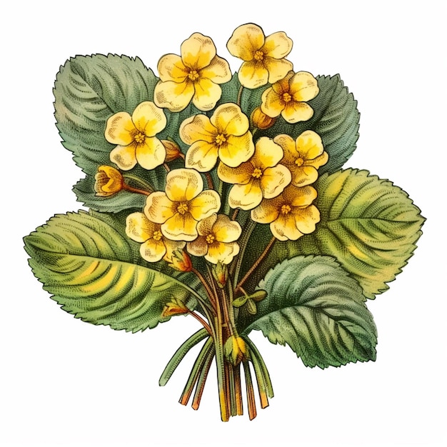 Um close de um ramo de flores amarelas com folhas verdes generativas ai