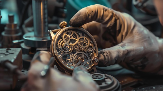 Foto um close de um relojoeiro reparando um relógio o relógioeiro está usando uma luva branca e está usando uma pequena chave de fenda para trabalhar no relógio