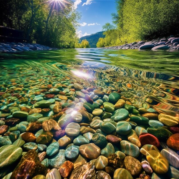 um close de um rio com pedras e água generativa ai
