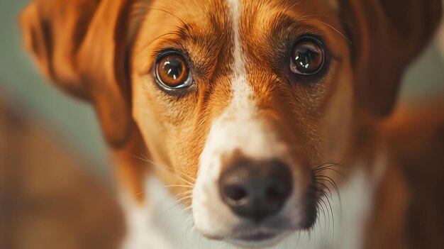 Um close de um rosto de cão castanho e branco O cão está olhando para a câmera com seus grandes olhos redondos