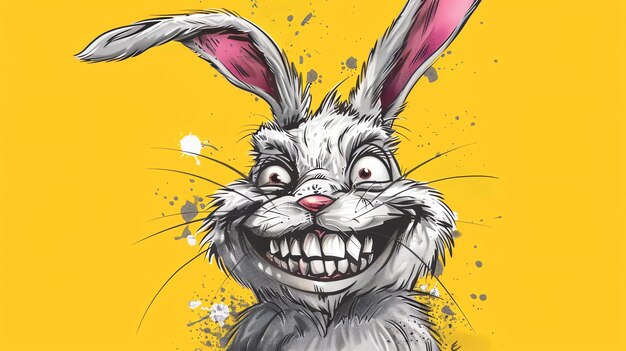 Um close de um rosto de coelho O coelho tem as orelhas levantadas e está olhando para o espectador com um grande sorriso dentado