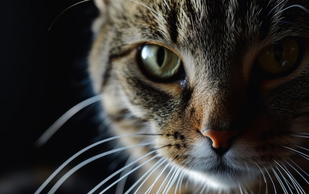 Um close de um rosto de gato mostrando detalhes intrincados dos olhos
