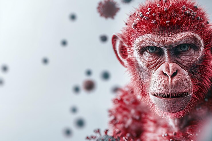 Foto um close de um rosto de macaco com pelo vermelho e um fundo de vírus desfocados