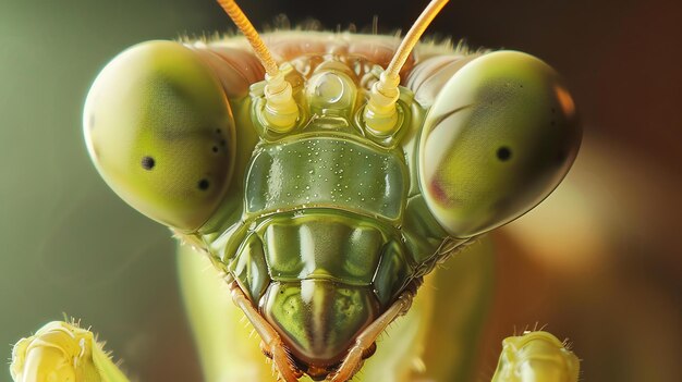 Foto um close de um rosto de mantis orante os insetos grandes olhos verdes estão olhando diretamente para a câmera