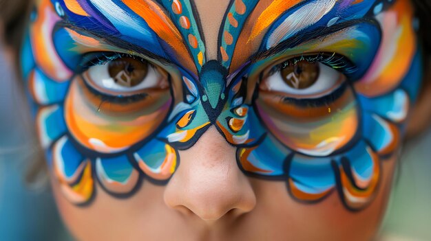 Um close de um rosto de mulher com uma borboleta pintada sobre ele A borboleta é azul laranja e amarelo com detalhes intrincados