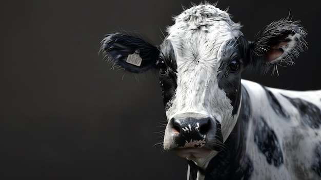 Foto um close de um rosto de vaca a vaca está olhando para a câmera com uma expressão curiosa a pele da vaca é preta e branca e seus olhos são castanhos escuros