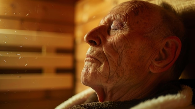 Um close de um rosto de veterano visivelmente relaxado e à vontade enquanto está sentado na sauna
