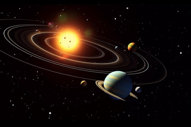 Um close de um sistema solar com planetas e um sol generativo ai