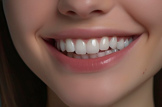 Um close de um sorriso com dentes brancos.