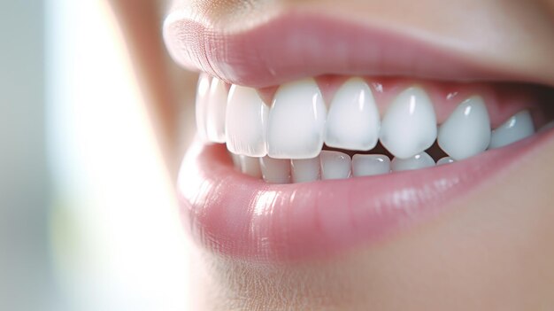 Um close de um sorriso de uma mulher com dentes brancos ai