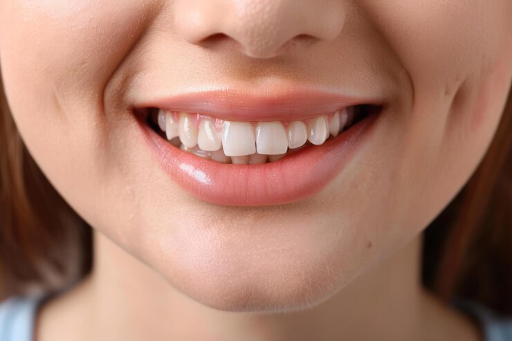 Foto um close de um sorriso de uma mulher com uma lacuna entre seus dois dentes dianteiros