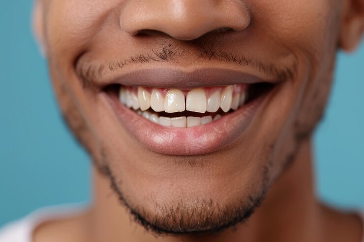 Foto um close de um sorriso masculino com uma lacuna entre seus dois dentes dianteiros
