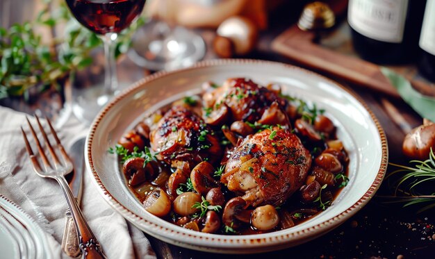 Foto um close de um tagine de frango marroquino com azeitonas verdes e guarnição gerar ia