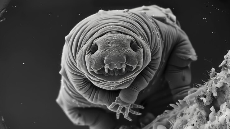 Foto um close de um tardígrado, uma criatura microscópica conhecida pela sua resiliência.