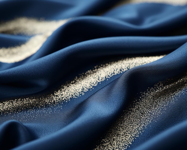 um close de um tecido de seda azul com tinta dourada
