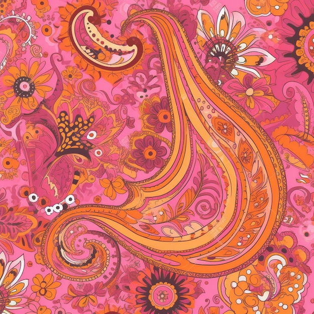 um close de um tecido paisley rosa com flores laranja e rosa generativas ai