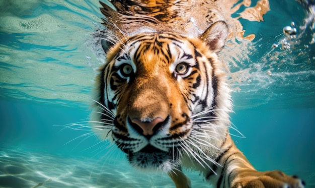 Um close de um tigre nadando na água