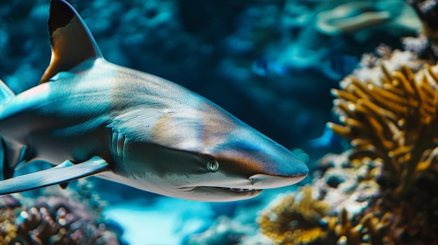 Um close de um tubarão predador em um aquário